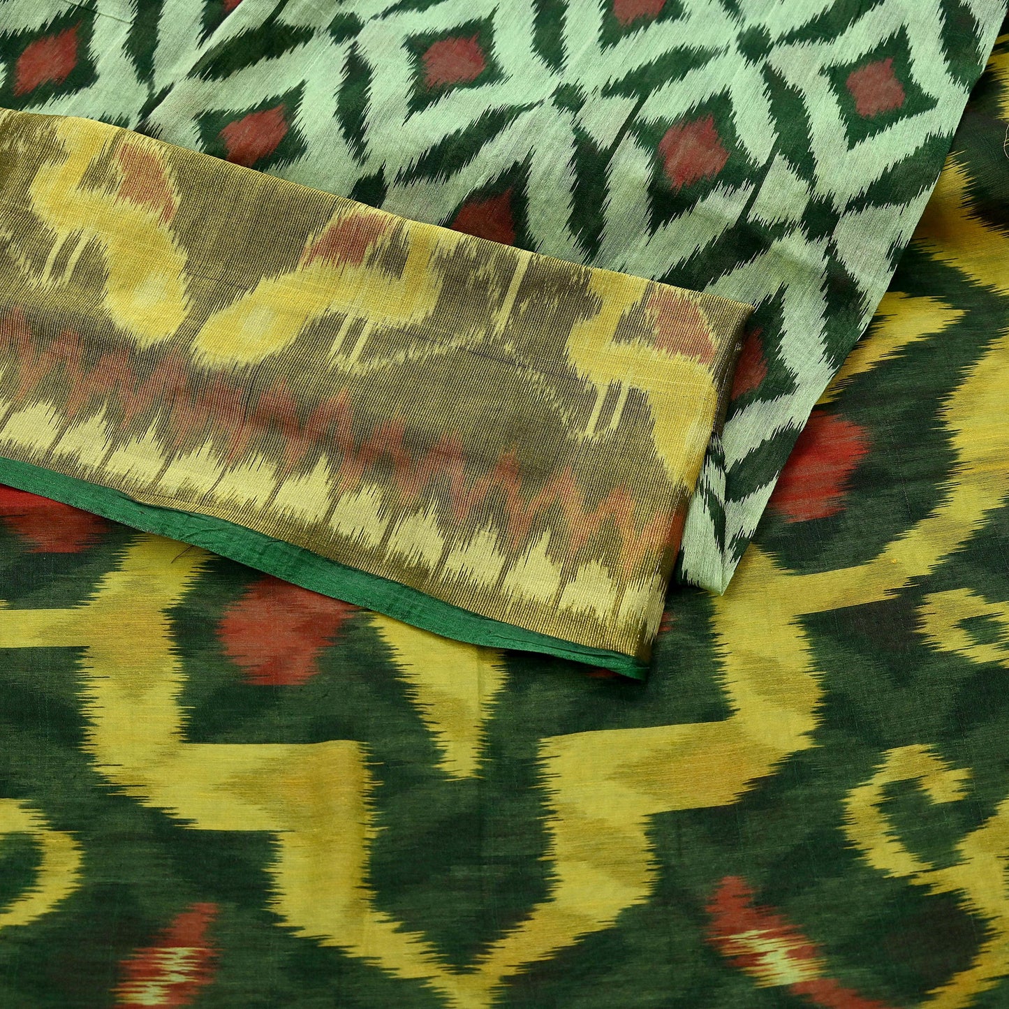 Vintage Green Sambalpuri Ikat Saree: Handwoven Silk Sari Fabric, Chakra Border