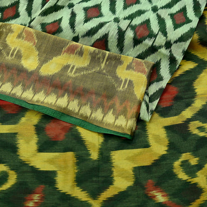 Vintage Green Sambalpuri Ikat Saree: Handwoven Silk Sari Fabric, Chakra Border