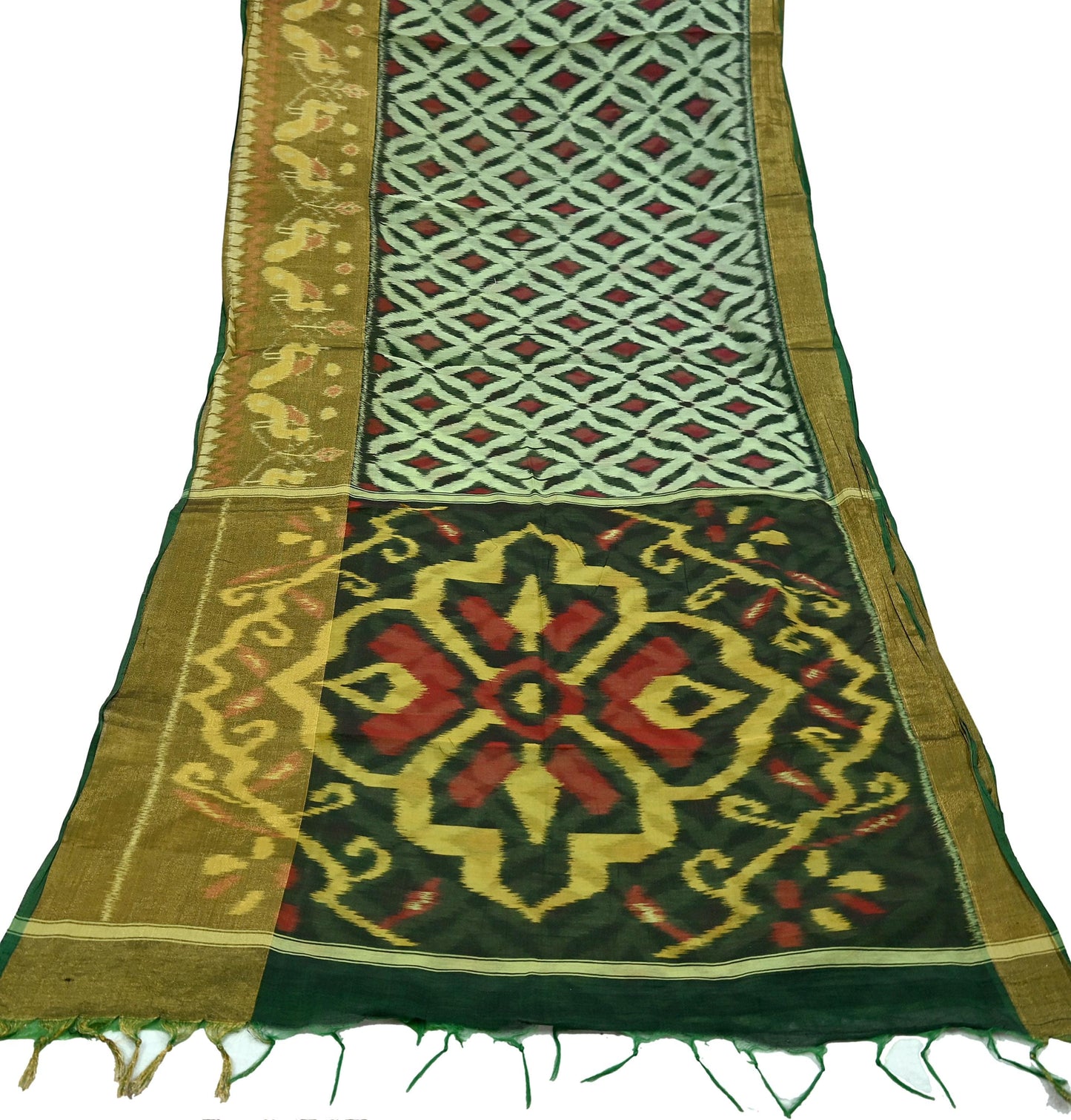 Vintage Green Sambalpuri Ikat Saree: Handwoven Silk Sari Fabric, Chakra Border