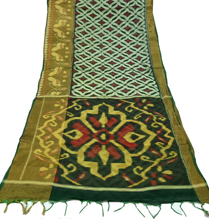 Vintage Green Sambalpuri Ikat Saree: Handwoven Silk Sari Fabric, Chakra Border