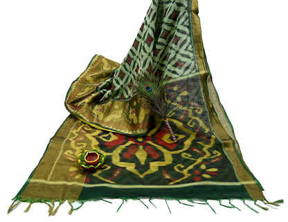 Vintage Green Sambalpuri Ikat Saree: Handwoven Silk Sari Fabric, Chakra Border