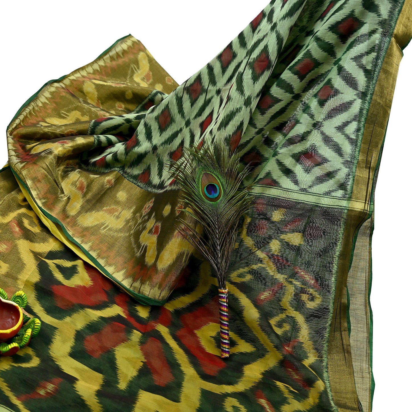 Vintage Green Sambalpuri Ikat Saree: Handwoven Silk Sari Fabric, Chakra Border
