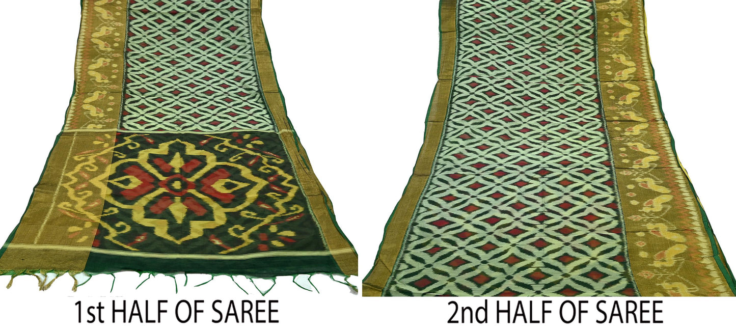 Vintage Green Sambalpuri Ikat Saree: Handwoven Silk Sari Fabric, Chakra Border