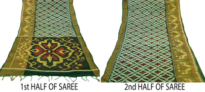 Vintage Green Sambalpuri Ikat Saree: Handwoven Silk Sari Fabric, Chakra Border
