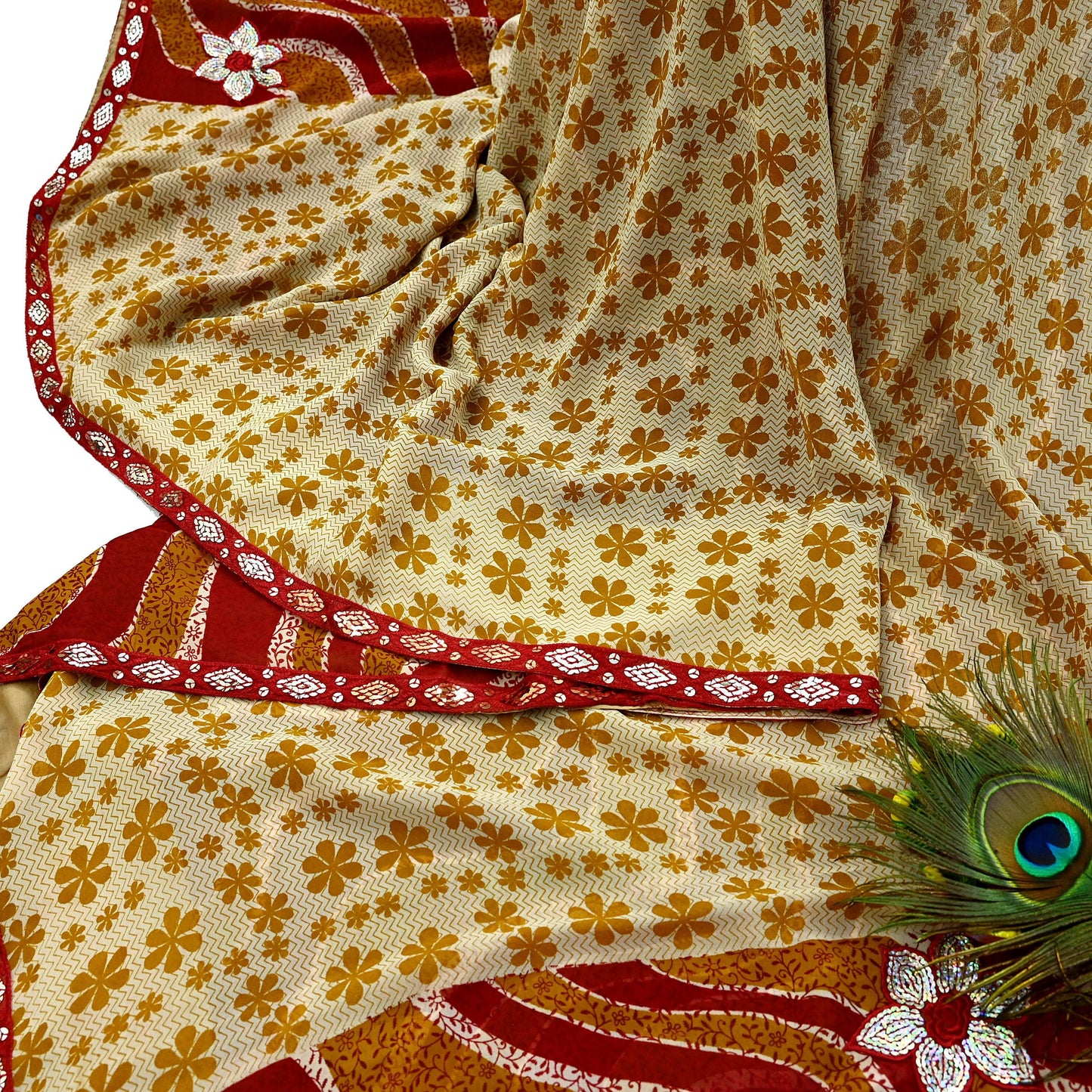 Indian Vintage Saree Pure Georgette Silk Embroidered Sari Craft Fabric 5Yd Ethnic Soft Dress making Crafting Quilting