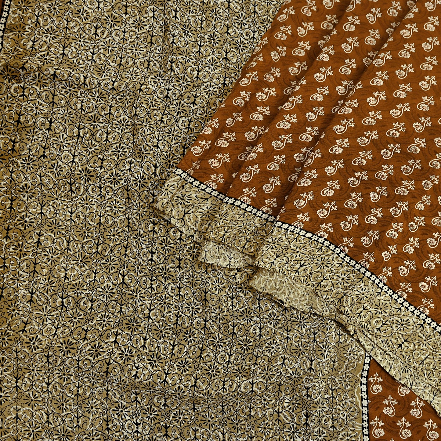 Indian Vintage Sari Green & Rusty Pure Crepe Silk Printed Sarees 5yd Sewing Soft Craft Fabric Wrap Upcycle Quilting Crafting Dress making