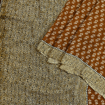Indian Vintage Sari Green & Rusty Pure Crepe Silk Printed Sarees 5yd Sewing Soft Craft Fabric Wrap Upcycle Quilting Crafting Dress making