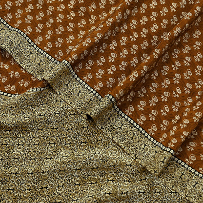 Indian Vintage Sari Green & Rusty Pure Crepe Silk Printed Sarees 5yd Sewing Soft Craft Fabric Wrap Upcycle Quilting Crafting Dress making
