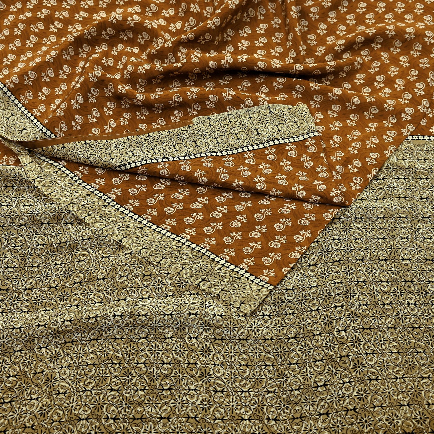 Indian Vintage Sari Green & Rusty Pure Crepe Silk Printed Sarees 5yd Sewing Soft Craft Fabric Wrap Upcycle Quilting Crafting Dress making