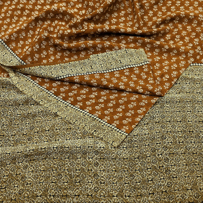 Indian Vintage Sari Green & Rusty Pure Crepe Silk Printed Sarees 5yd Sewing Soft Craft Fabric Wrap Upcycle Quilting Crafting Dress making