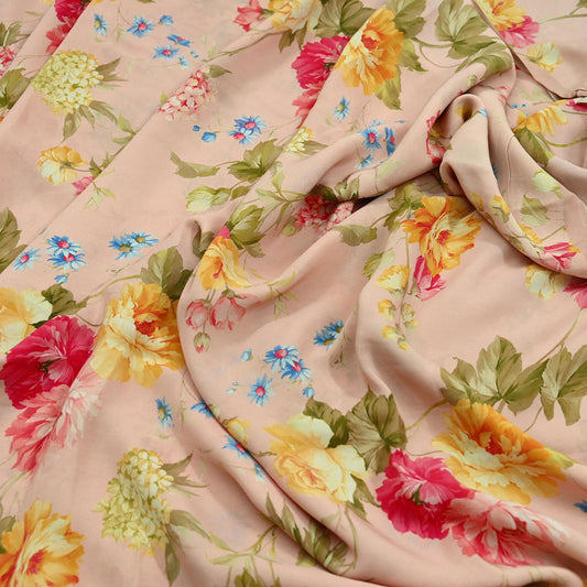 Indian Vintage Sari Peach Pure Crepe Silk Printed Sarees 6yd Craft Fabric Sewing Soft Wrap Peacock Upcycle Quilting Dress Making Crafting