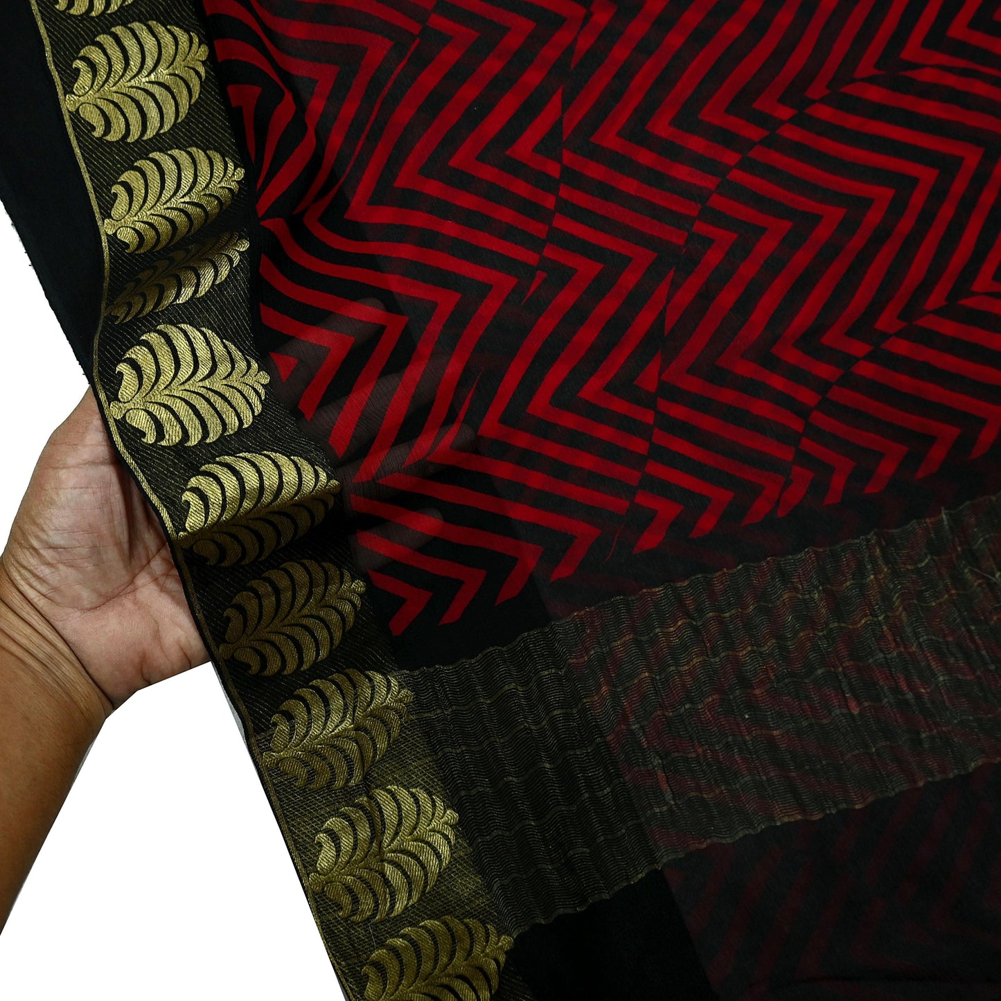 Women Vintage Sari Red & Black Pure Chiffon Silk Printed Saree Craft Fabric Sewing 5Yard Soft Light Dress Making Floral Zari