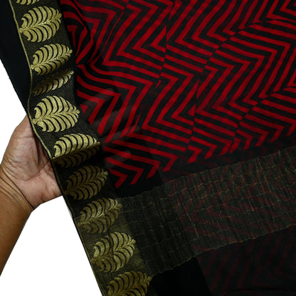 Women Vintage Sari Red & Black Pure Chiffon Silk Printed Saree Craft Fabric Sewing 5Yard Soft Light Dress Making Floral Zari