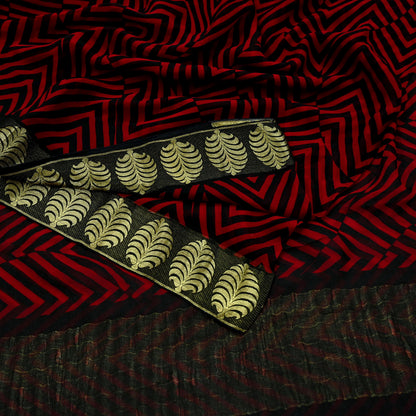 Women Vintage Sari Red & Black Pure Chiffon Silk Printed Saree Craft Fabric Sewing 5Yard Soft Light Dress Making Floral Zari