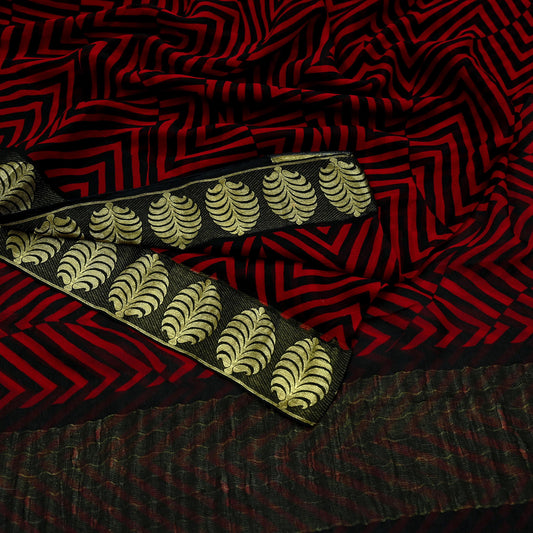 Women Vintage Sari Red & Black Pure Chiffon Silk Printed Saree Craft Fabric Sewing 5Yard Soft Light Dress Making Floral Zari
