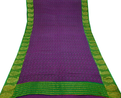 Women Vintage Sari Purple & Green Pure Georgette Silk Printed Saree Craft Fabric Sewing 5Yard Soft Light Dress Making Floral Zari