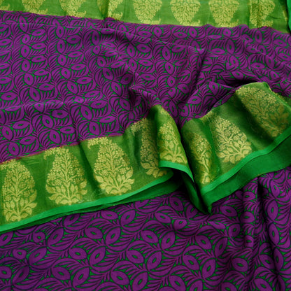 Women Vintage Sari Purple & Green Pure Georgette Silk Printed Saree Craft Fabric Sewing 5Yard Soft Light Dress Making Floral Zari