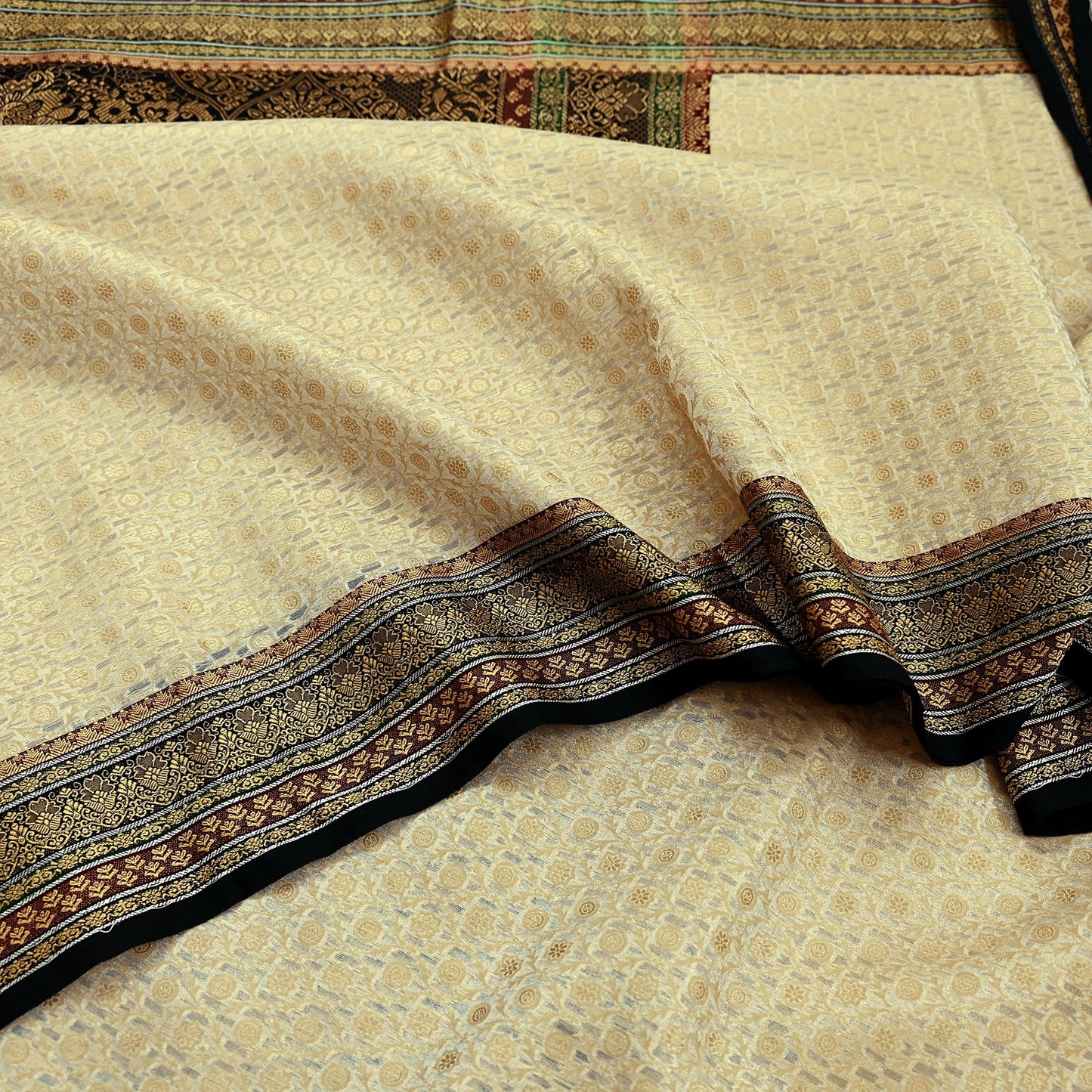 Indian Vintage Beige & Black Saree Artificial Silk Hand woven Sari Craft Fabric 5Yd Sewing Stripes Dress making Crafting Quilting Fringes