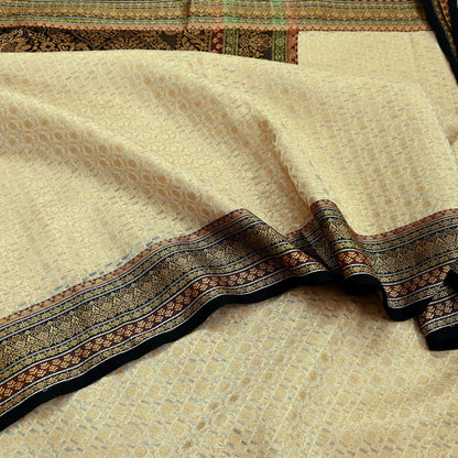 Indian Vintage Beige & Black Saree Artificial Silk Hand woven Sari Craft Fabric 5Yd Sewing Stripes Dress making Crafting Quilting Fringes