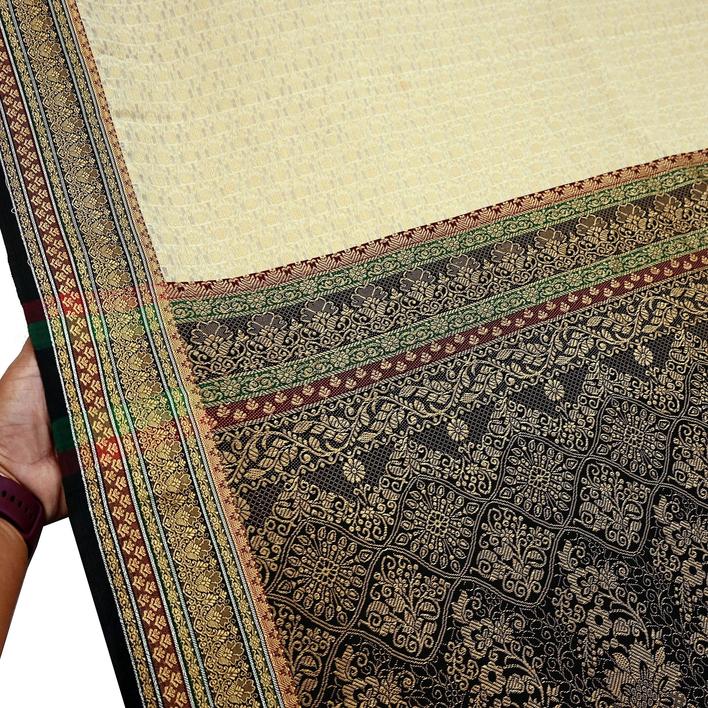 Indian Vintage Beige & Black Saree Artificial Silk Hand woven Sari Craft Fabric 5Yd Sewing Stripes Dress making Crafting Quilting Fringes
