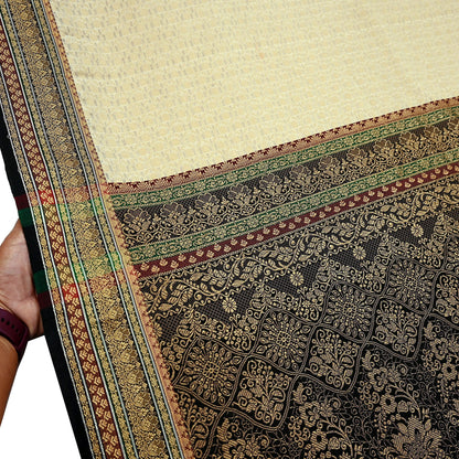 Indian Vintage Beige & Black Saree Artificial Silk Hand woven Sari Craft Fabric 5Yd Sewing Stripes Dress making Crafting Quilting Fringes