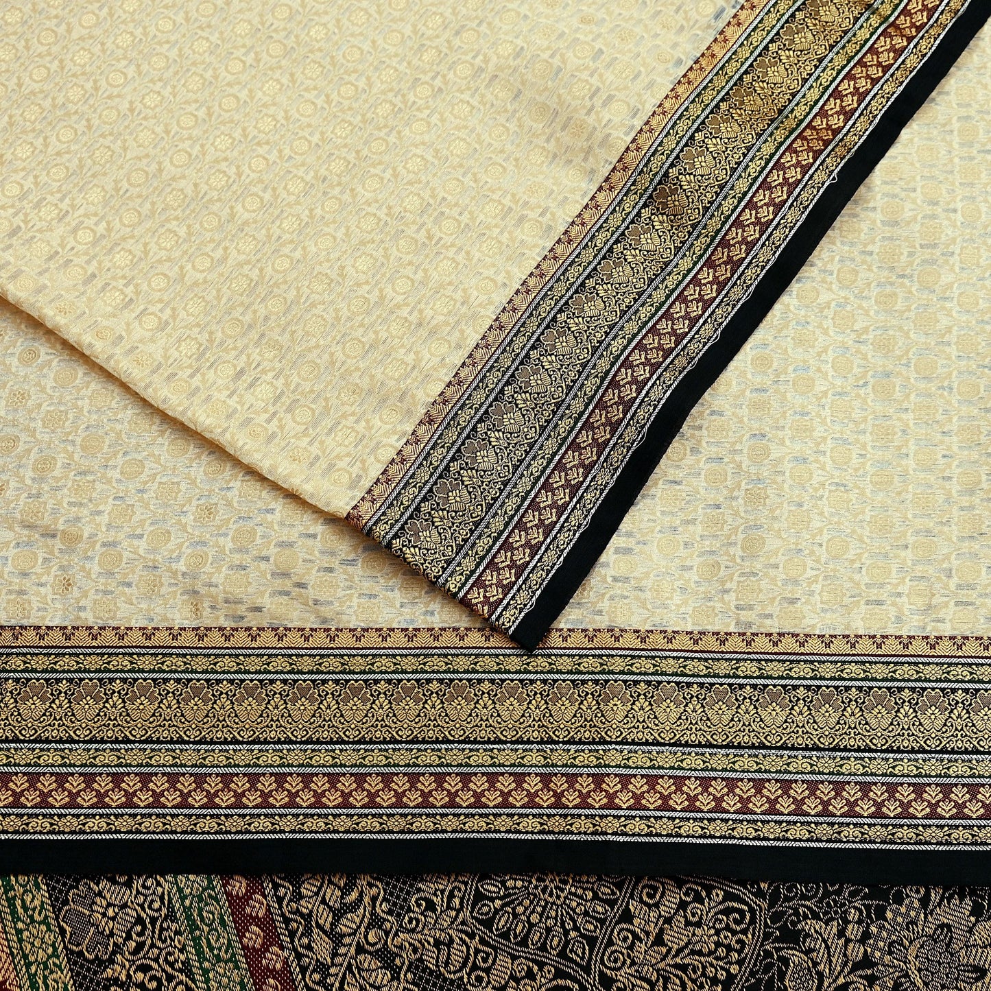 Indian Vintage Beige & Black Saree Artificial Silk Hand woven Sari Craft Fabric 5Yd Sewing Stripes Dress making Crafting Quilting Fringes