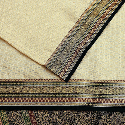 Indian Vintage Beige & Black Saree Artificial Silk Hand woven Sari Craft Fabric 5Yd Sewing Stripes Dress making Crafting Quilting Fringes