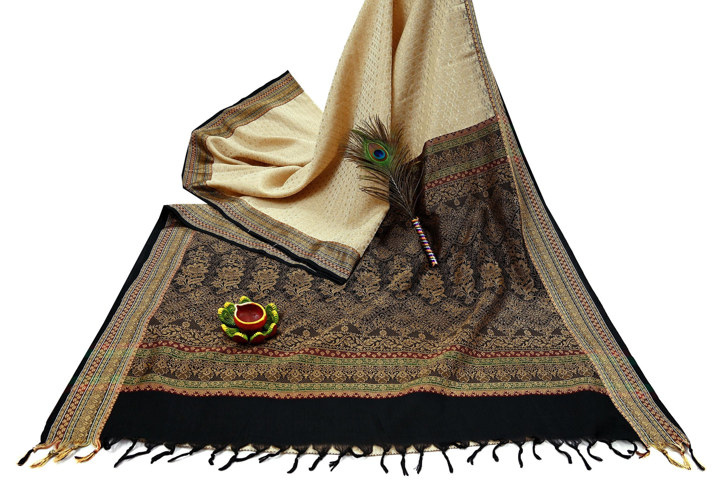 Indian Vintage Beige & Black Saree Artificial Silk Hand woven Sari Craft Fabric 5Yd Sewing Stripes Dress making Crafting Quilting Fringes