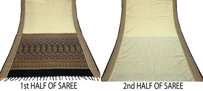 Indian Vintage Beige & Black Saree Artificial Silk Hand woven Sari Craft Fabric 5Yd Sewing Stripes Dress making Crafting Quilting Fringes