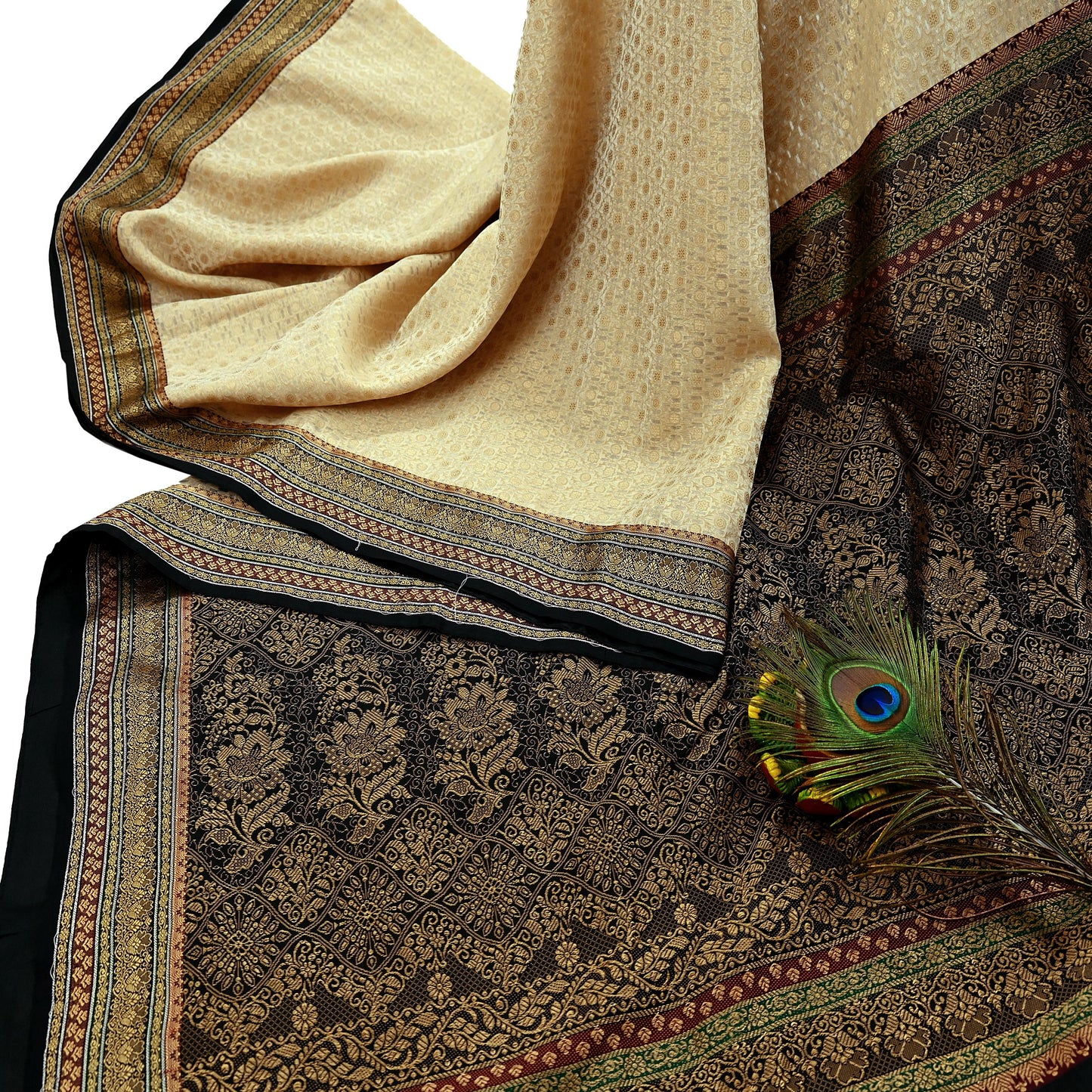 Indian Vintage Beige & Black Saree Artificial Silk Hand woven Sari Craft Fabric 5Yd Sewing Stripes Dress making Crafting Quilting Fringes