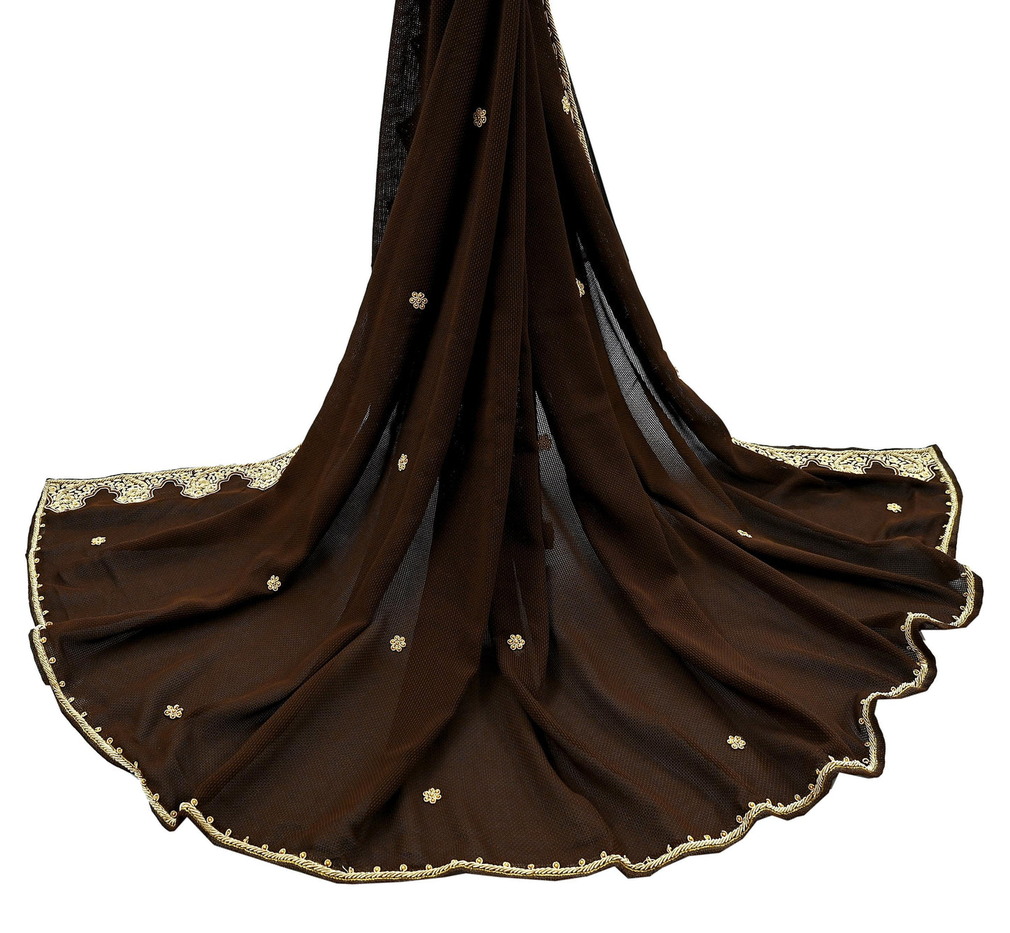 Indian Vintage Heavy Brown Dupatta Georgette Long Stole Hand Embroidered Veil Scarf Zardozi/Dabka