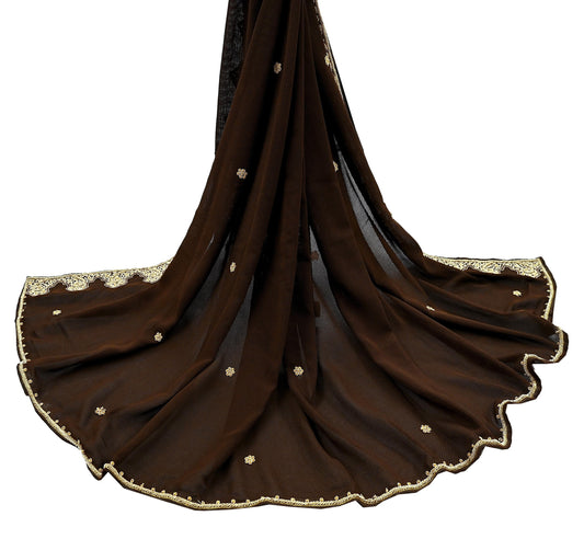 Indian Vintage Heavy Brown Dupatta Georgette Long Stole Hand Embroidered Veil Scarf Zardozi/Dabka