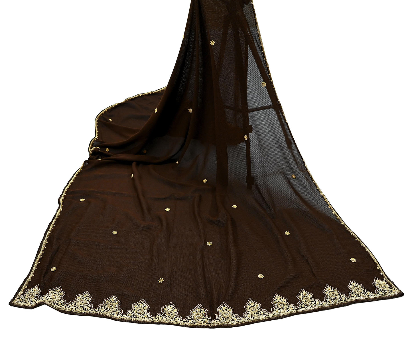 Indian Vintage Heavy Brown Dupatta Georgette Long Stole Hand Embroidered Veil Scarf Zardozi/Dabka