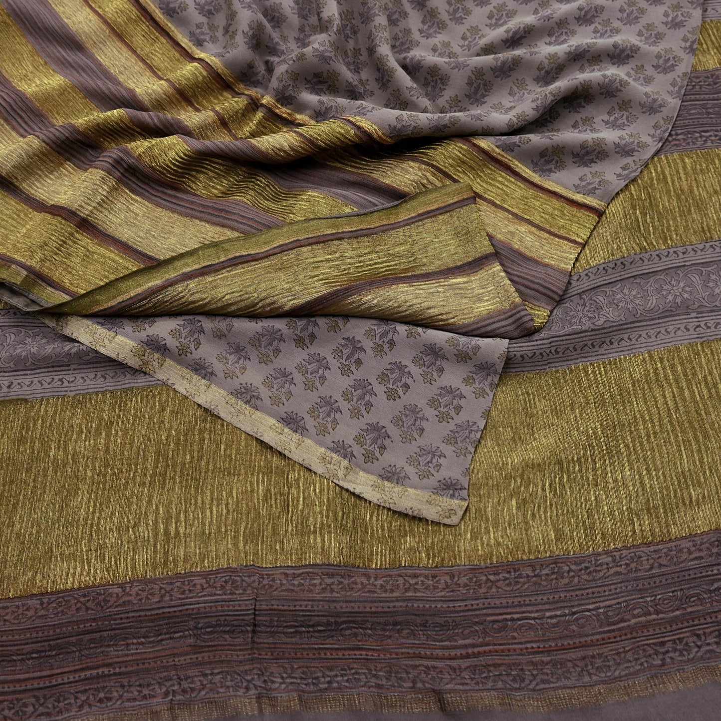 Women Vintage Sari Brown Pure Georgette Silk Printed Saree Craft Fabric Sewing 6Yard Soft Light Dress Making Floral Zari
