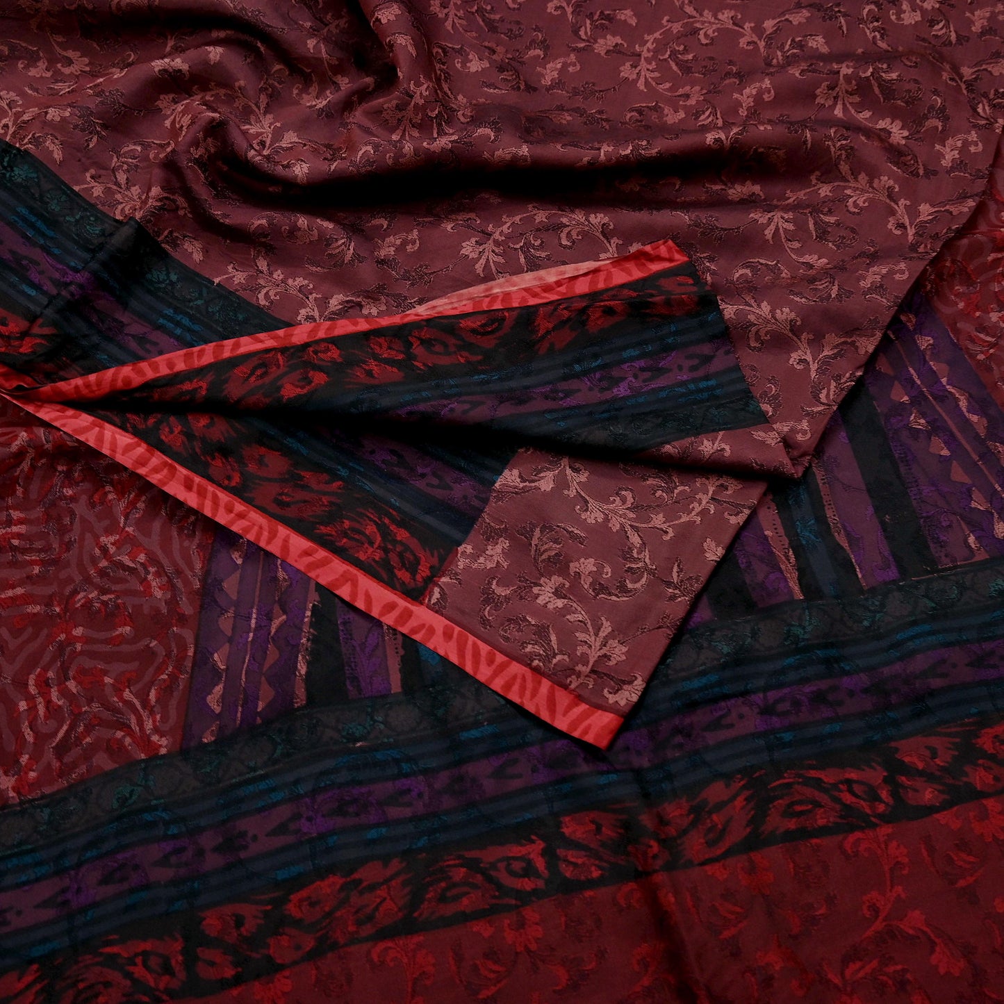 Indian Vintage Sari Maroon & Brown Pure Silk Woven Printed Sarees 6yd Sewing Craft Fabric Dress Making Soft For Crafting Quilting Upcycle