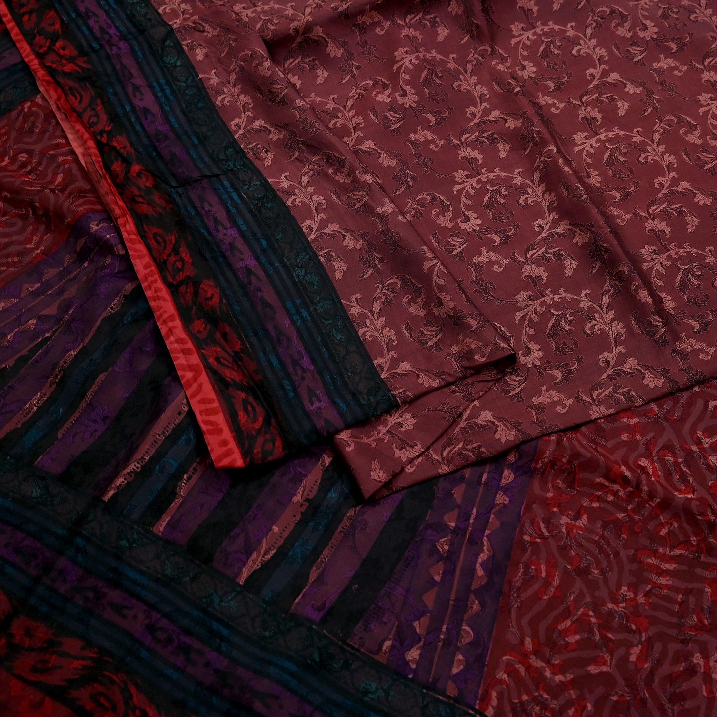 Indian Vintage Sari Maroon & Brown Pure Silk Woven Printed Sarees 6yd Sewing Craft Fabric Dress Making Soft For Crafting Quilting Upcycle