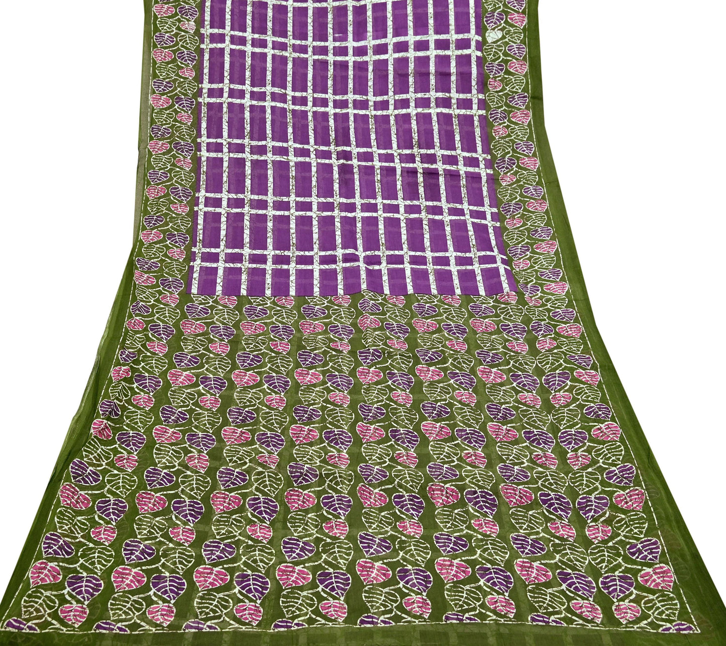 Indian Vintage Sari Purple & Green Batik Printed Saree 100% Pure Cotton 5Yd Craft Fabric Soft Sewing Sarong Wrap Boho Quilting Dress Making