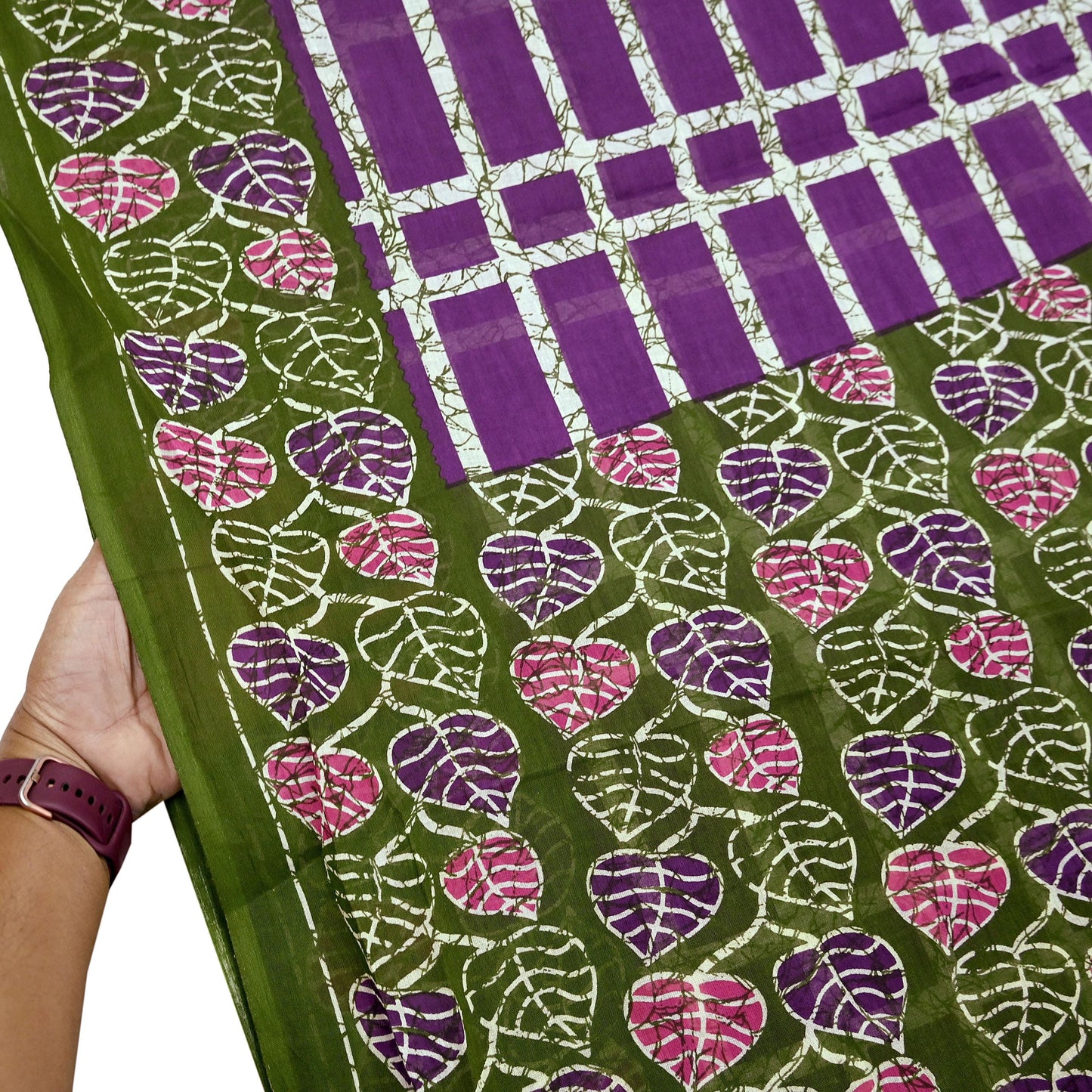 Indian Vintage Sari Purple & Green Batik Printed Saree 100% Pure Cotton 5Yd Craft Fabric Soft Sewing Sarong Wrap Boho Quilting Dress Making