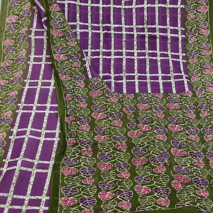 Indian Vintage Sari Purple & Green Batik Printed Saree 100% Pure Cotton 5Yd Craft Fabric Soft Sewing Sarong Wrap Boho Quilting Dress Making
