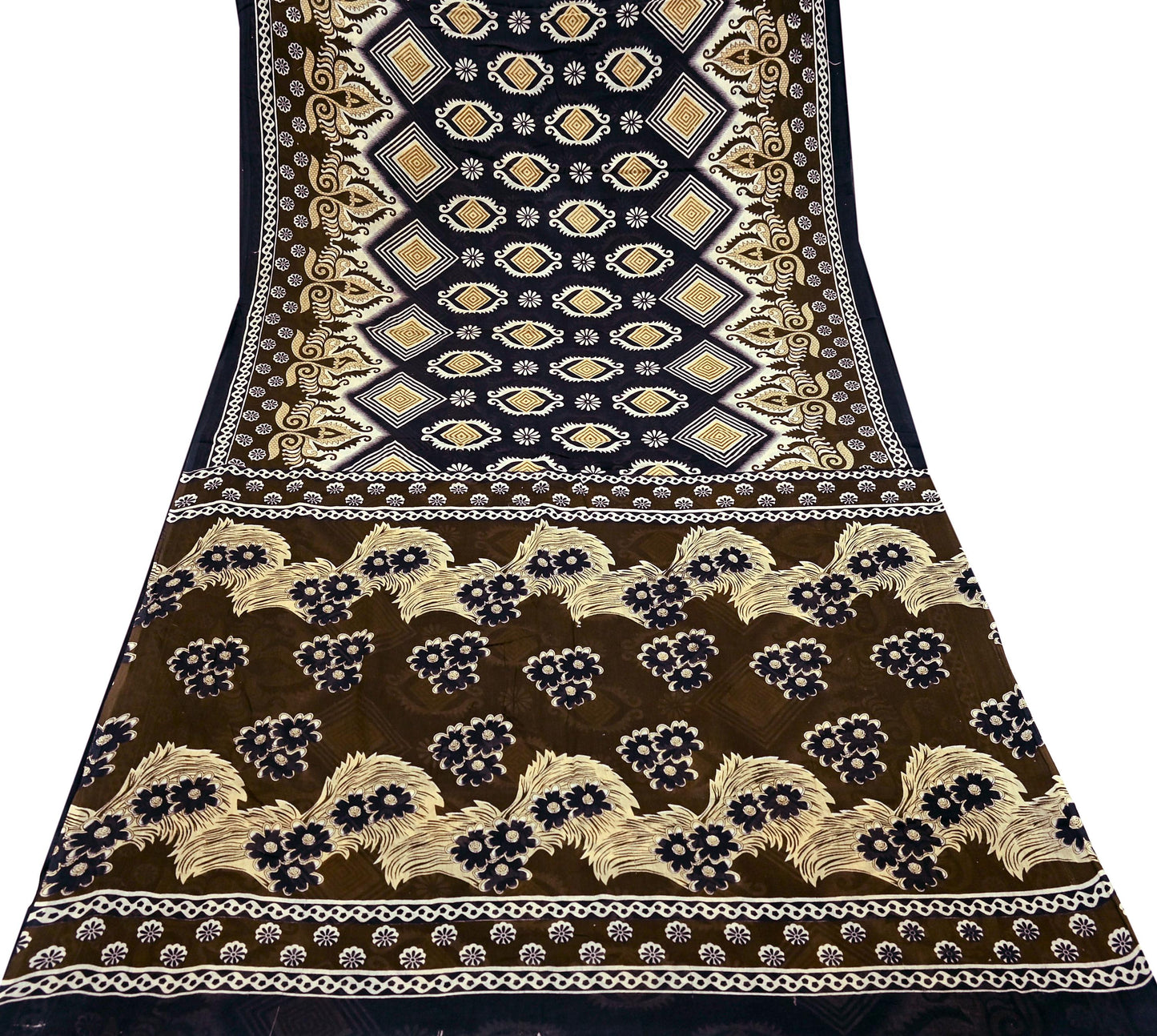 Indian Vintage Brown & Black Saree Printed Pure Cotton Sari Craft Fabric 5Yd Sewing Sarong Wrap Boho Floral Quilting Crafting Dress Making