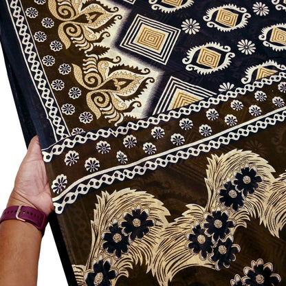 Indian Vintage Brown & Black Saree Printed Pure Cotton Sari Craft Fabric 5Yd Sewing Sarong Wrap Boho Floral Quilting Crafting Dress Making
