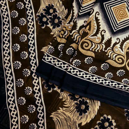 Indian Vintage Brown & Black Saree Printed Pure Cotton Sari Craft Fabric 5Yd Sewing Sarong Wrap Boho Floral Quilting Crafting Dress Making