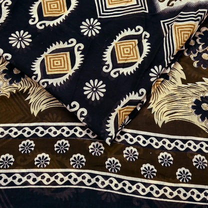Indian Vintage Brown & Black Saree Printed Pure Cotton Sari Craft Fabric 5Yd Sewing Sarong Wrap Boho Floral Quilting Crafting Dress Making
