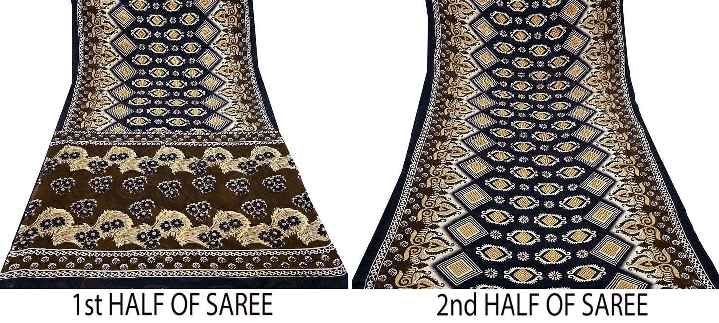 Indian Vintage Brown & Black Saree Printed Pure Cotton Sari Craft Fabric 5Yd Sewing Sarong Wrap Boho Floral Quilting Crafting Dress Making