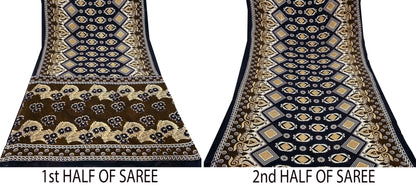 Indian Vintage Brown & Black Saree Printed Pure Cotton Sari Craft Fabric 5Yd Sewing Sarong Wrap Boho Floral Quilting Crafting Dress Making