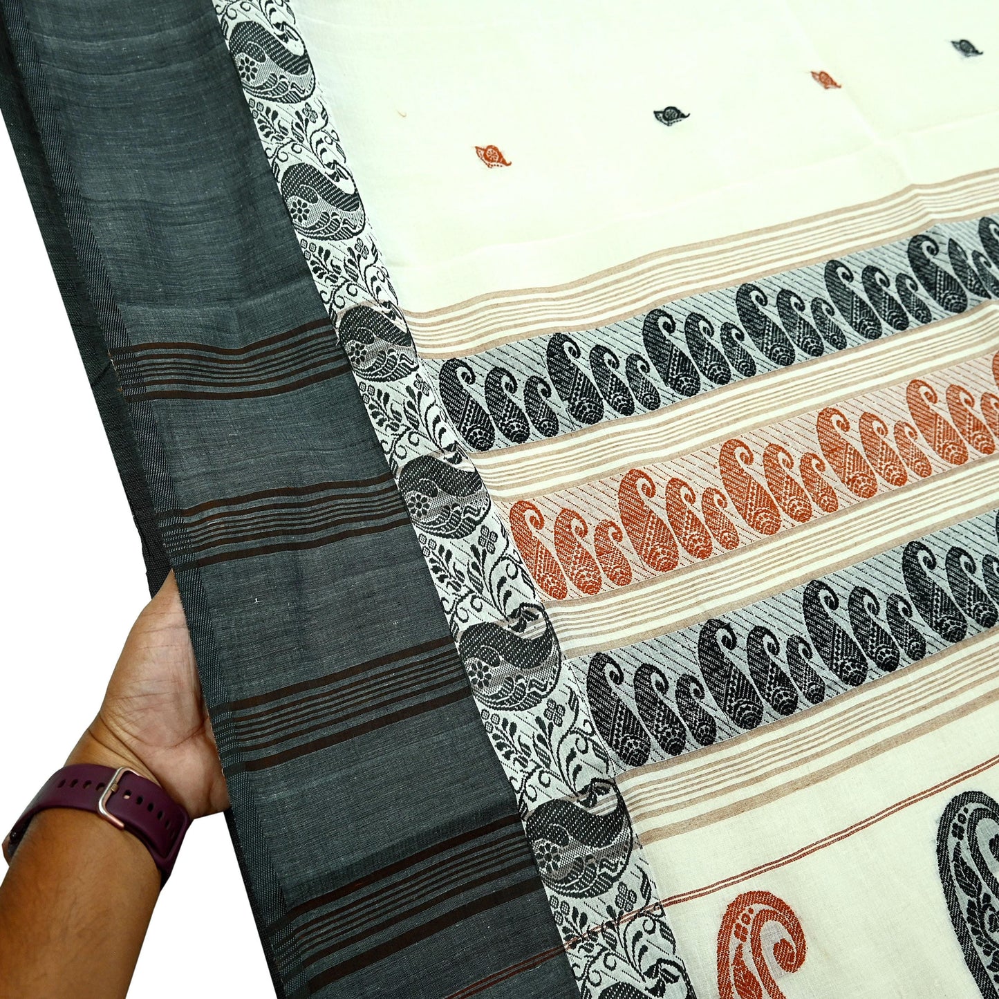 Indian Vintage Sari Ivory Pure Cotton Hand Woven 5Yd Sarees Soft Paisley Ethnic Craft Fabric Sewing Dress making Crafting Quilting