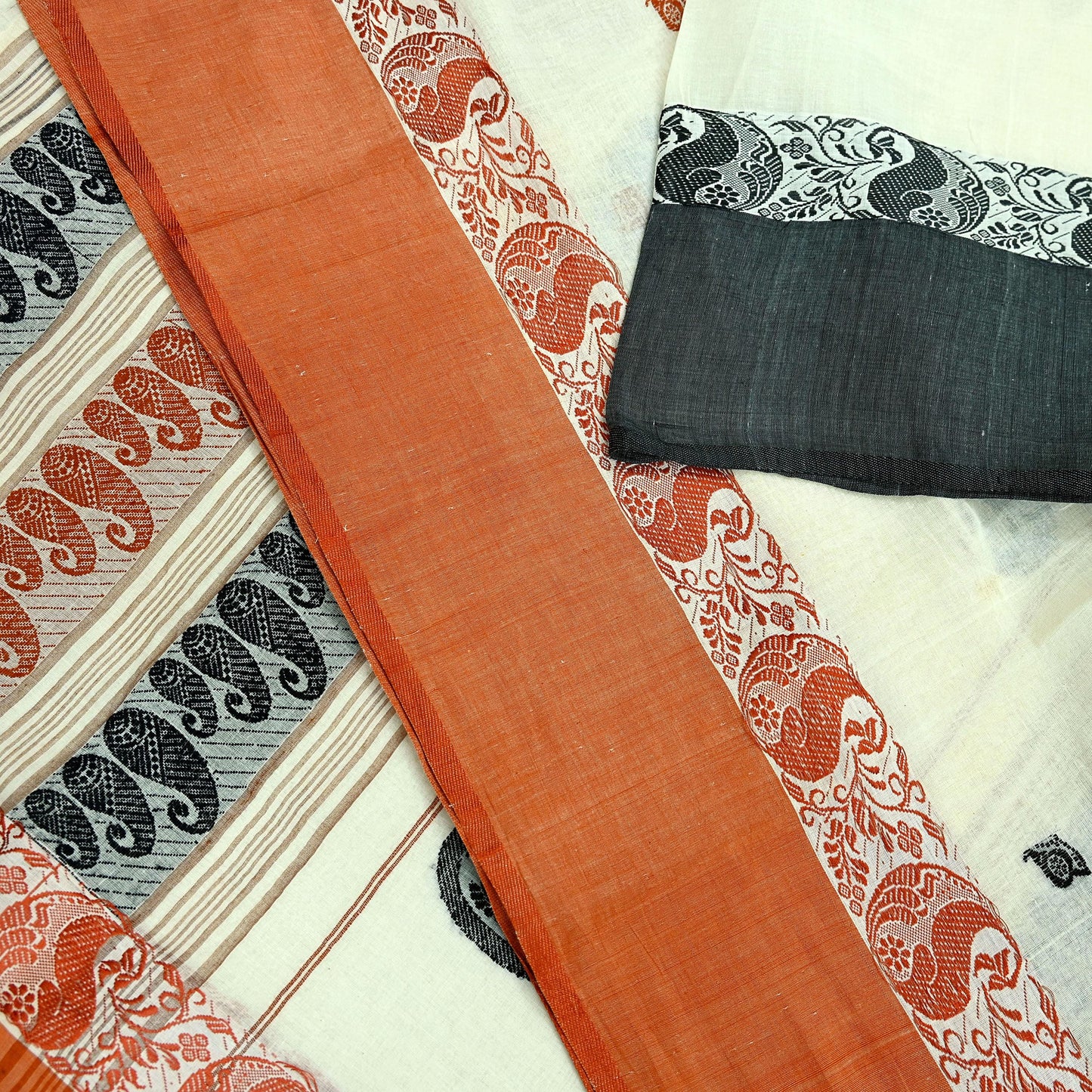 Indian Vintage Sari Ivory Pure Cotton Hand Woven 5Yd Sarees Soft Paisley Ethnic Craft Fabric Sewing Dress making Crafting Quilting