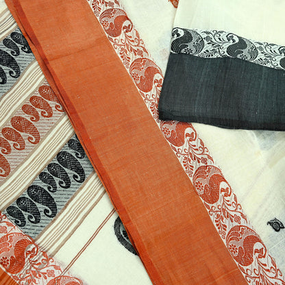 Indian Vintage Sari Ivory Pure Cotton Hand Woven 5Yd Sarees Soft Paisley Ethnic Craft Fabric Sewing Dress making Crafting Quilting