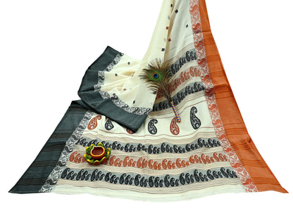 Indian Vintage Sari Ivory Pure Cotton Hand Woven 5Yd Sarees Soft Paisley Ethnic Craft Fabric Sewing Dress making Crafting Quilting
