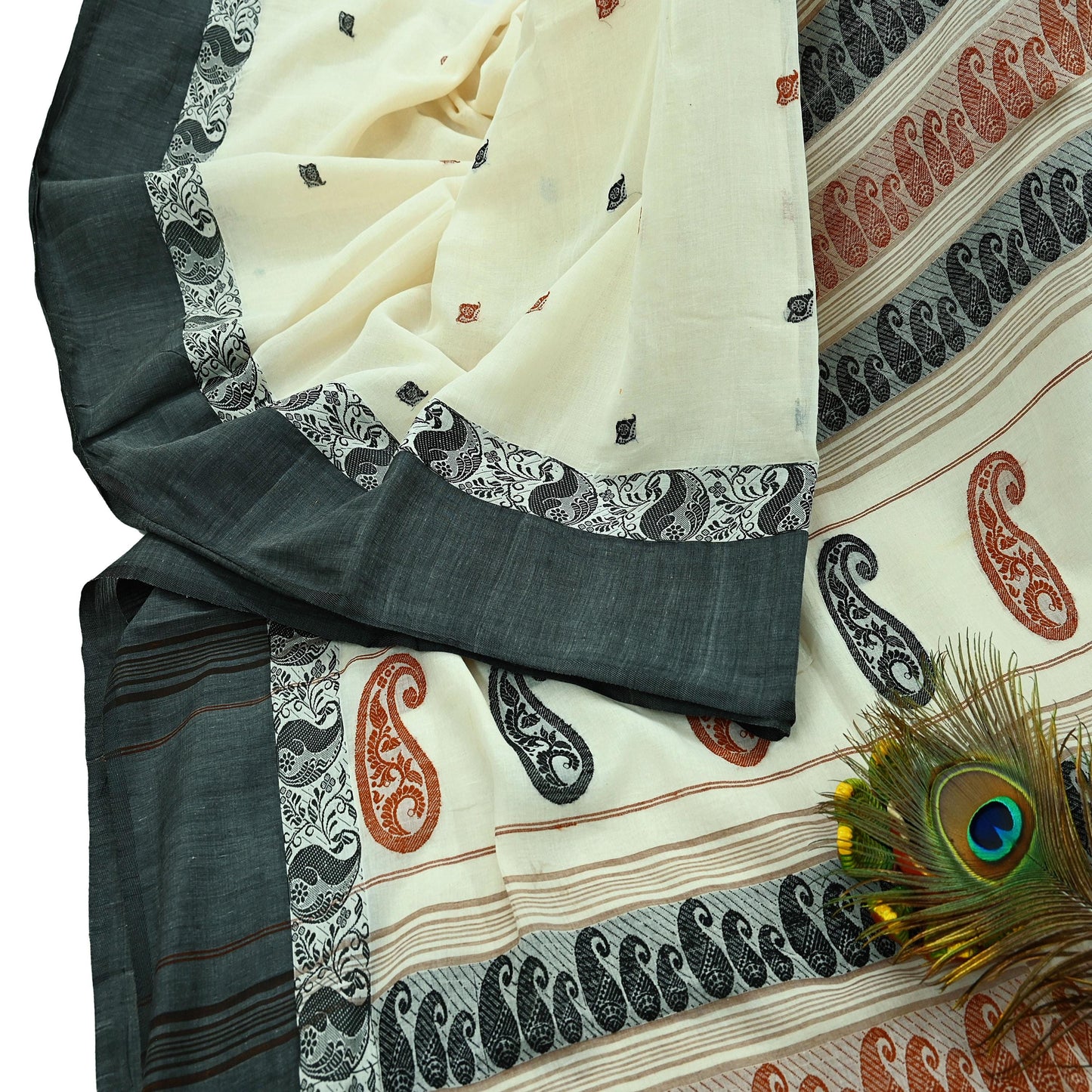 Indian Vintage Sari Ivory Pure Cotton Hand Woven 5Yd Sarees Soft Paisley Ethnic Craft Fabric Sewing Dress making Crafting Quilting